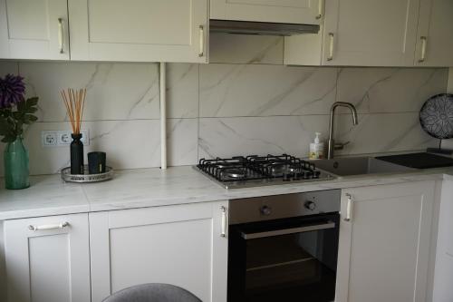 a kitchen with white cabinets and a stove top oven at Sonata apartment in Panevėžys