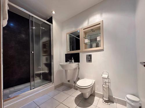 a bathroom with a toilet and a shower at Canary Wharf - Luxury Apartments in London