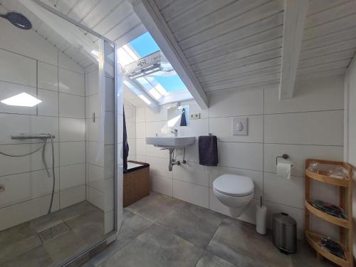 a bathroom with a shower and a toilet and a sink at Alpenblick Pang in Rosenheim