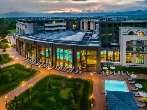 an aerial view of a building with a pool at Kings' Valley Medical & Spa Hotel in Kazanlŭk