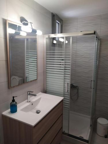 een badkamer met een wastafel en een douche bij Fotini's House II in Ligourio