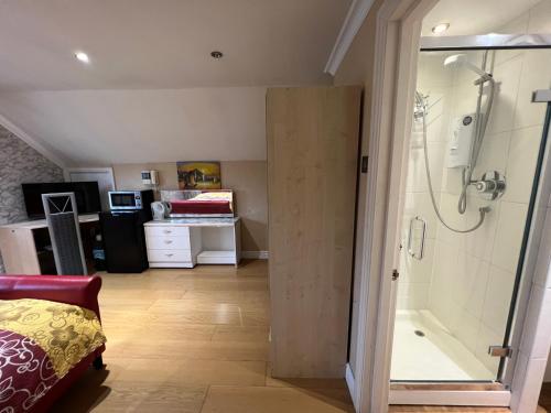 a bathroom with a walk in shower and a walk in shower at The Caduceus- Residence in Chertsey