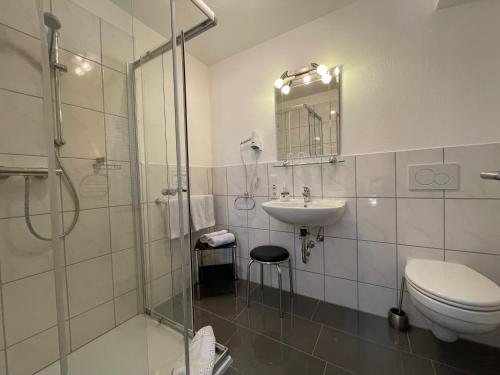 uma casa de banho com um WC, um lavatório e um chuveiro em Gästehaus Mack em Trittenheim