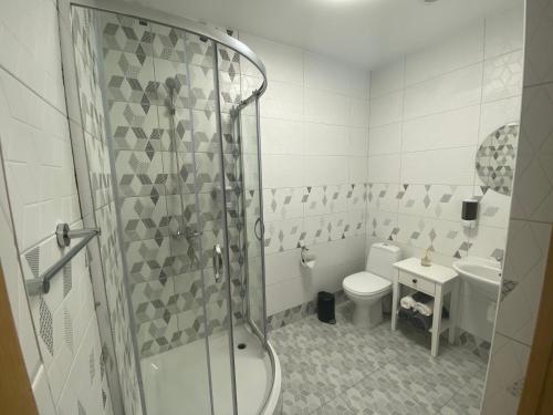 uma casa de banho com um chuveiro, um WC e um lavatório. em Neiroprakse Mini Hotel em Daugavpils