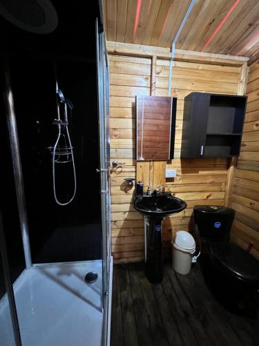 a bathroom with a shower and a sink and a toilet at Cabaña Gran torino cajica in Cajicá