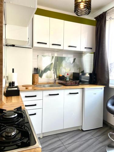 a kitchen with white cabinets and a stove at Z MIŁOŚCI DO GÓR Noclegi in Piechowice