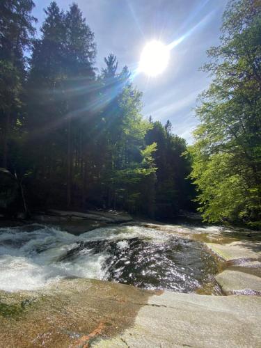 a river with the sun shining through the trees at Z MIŁOŚCI DO GÓR Noclegi in Piechowice