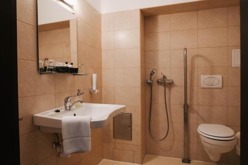 een badkamer met een wastafel en een douche met een toilet bij Rókusfalvy Birtok Vendégház Etyek in Etyek