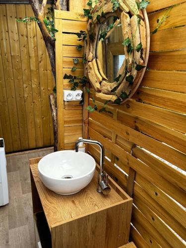 La salle de bains est pourvue d'un lavabo sur un mur en bois. dans l'établissement l'aquarium, à Brignoles
