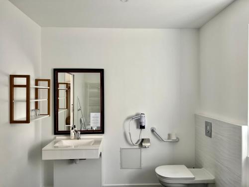 uma casa de banho com um lavatório, um WC e um espelho. em La Maison TATIN em Lamotte-Beuvron