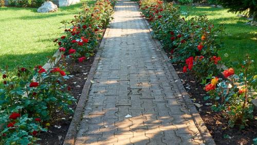 un sentiero in mattoni in un giardino con fiori rossi di Vila Raj, planina Ozren - Sokobanja a Soko Banja