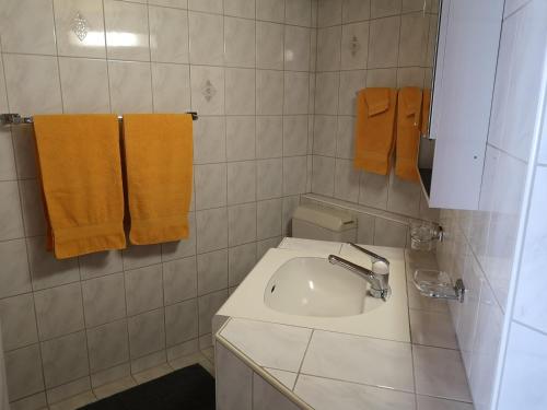 a bathroom with a sink and two orange towels at Bolgenstrasse 12 in Bolgen