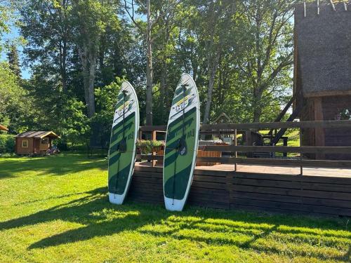 two surfboards are on display in the grass at Tammeveski Holiday House in Kobruvere