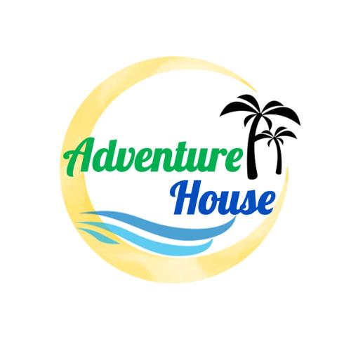 an illustration of a beach with a palm tree and the words adventure house at ADVENTURE House in Nancito