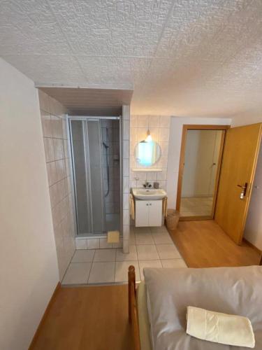 ein Bad mit einer Dusche und einem Waschbecken in einem Zimmer in der Unterkunft Hôtel-Restaurant des 3 Coeurs in Vaulion