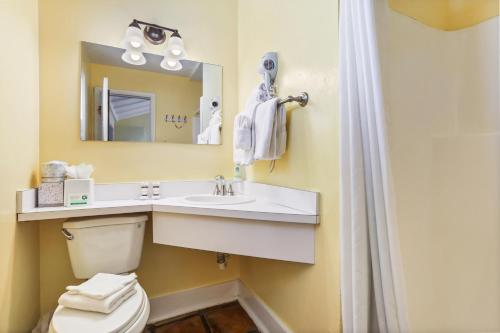 a bathroom with a toilet and a sink and a mirror at The Palms Hotel in Key West