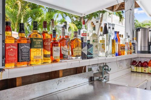 a row of bottles of alcohol on a bar at The Palms Hotel in Key West