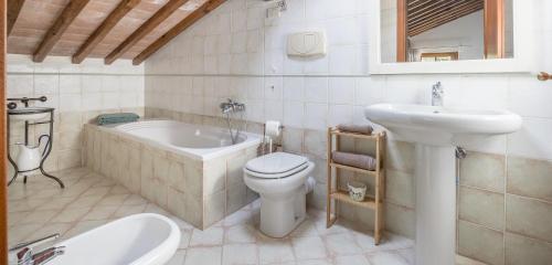a bathroom with a sink and a toilet and a bath tub at Al Frantoio in Corsanico-Bargecchia