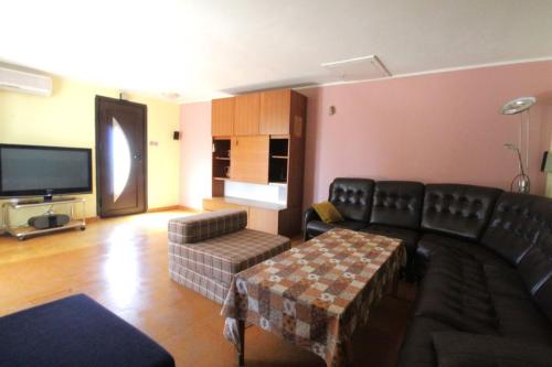 a living room with a couch and a tv at Mia apartments in Savudrija