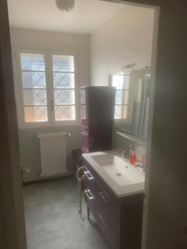 une salle de bain avec un lavabo et un miroir dans l'établissement Villa la Bergerie, à Bormes-les-Mimosas