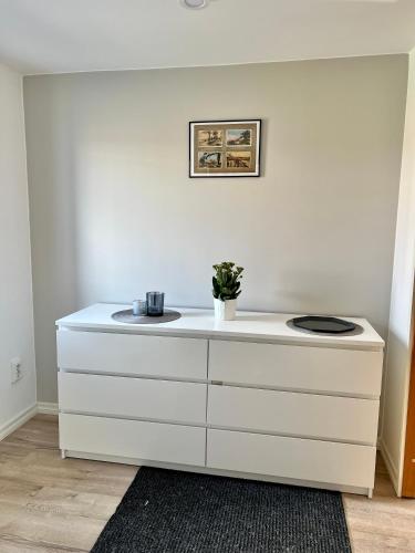 a white table with a plant on it in a room at ReinuHome in Viljandi