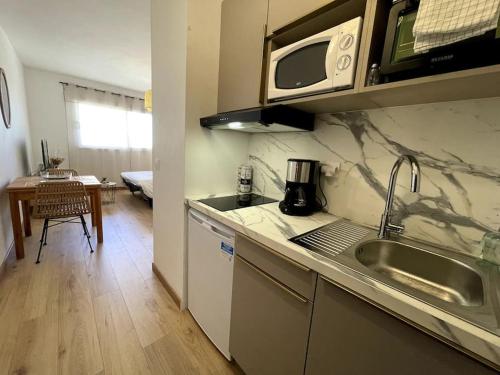 une cuisine avec un évier et un micro-ondes dans l'établissement Charmant Studio climatisé avec parking, au cœur de pietranera, plage a 500m, Bastia a 2km, à Palagaccio