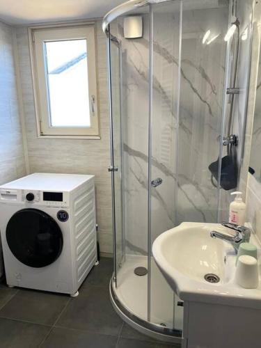 a bathroom with a shower and a sink and a washing machine at Mooie chalet met grote tuin dichtbij Amsterdam in Opmeer