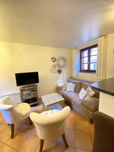 a living room with a couch and a tv at Le Riquewihrien in Riquewihr