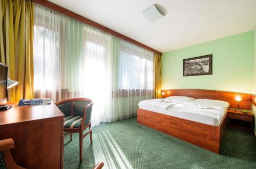 ein Hotelzimmer mit einem Bett, einem Schreibtisch und einem Computer in der Unterkunft Hotel Polovnik in Demänovská Dolina