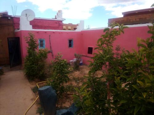 a pink house with trees in front of it at Riad Bouchra in Tamtetoucht