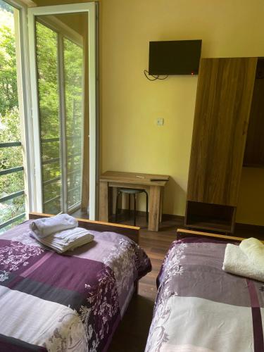 a bedroom with two beds and a tv on the wall at Wander Sairme in Sairme