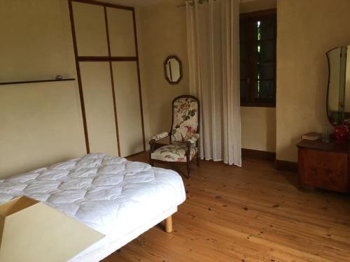 ein Schlafzimmer mit einem Bett, einem Stuhl und einem Spiegel in der Unterkunft Ferme typique de Gascogne 