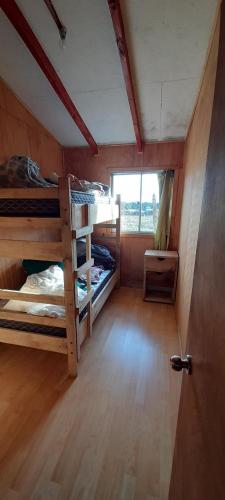 Cette chambre comprend 2 lits superposés et une fenêtre. dans l'établissement Los aromos, à Lago Ranco