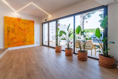 une chambre avec des plantes en pots sur le sol dans l'établissement Hostal Alcina, à Cala Ratjada