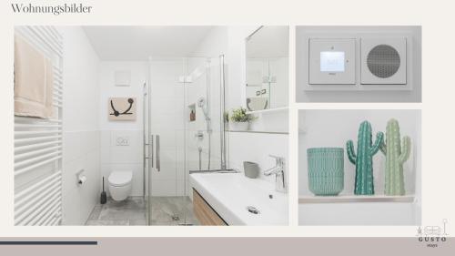 a bathroom with a sink and a shower and a toilet at Design-Apartment - Gusto stays! in Remseck am Neckar