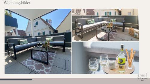 two pictures of a patio with a bench and a table at Design-Apartment - Gusto stays! in Remseck am Neckar