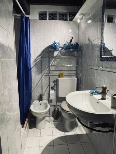 une salle de bain avec toilettes et lavabo dans l'établissement appartement duplex a deux pas du port, à Cannes