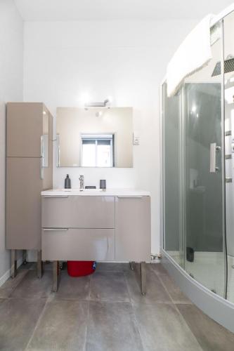 une salle de bain blanche avec un lavabo et une douche dans l'établissement Le Gacon - Appartement centre ville, à Vichy