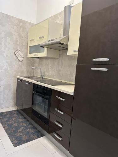 eine Küche mit einem schwarzen Kühlschrank und einer Spüle in der Unterkunft All'altezza del mare in Fossacesia