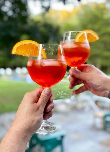 two people holding up two glasses with cocktails at Borjomi Classic Hotel in Borjomi