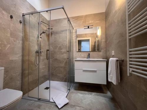 y baño con ducha acristalada y lavamanos. en BPIRINEOS- Aire Pirineos, en Benasque