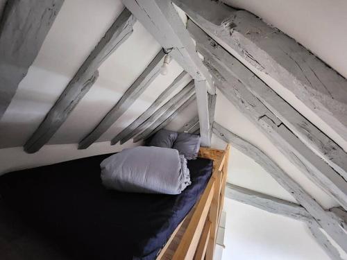 Bett in einem Zimmer mit Dach in der Unterkunft Le Saint Julien - 5 chambres, spacieux et calme in Rouen