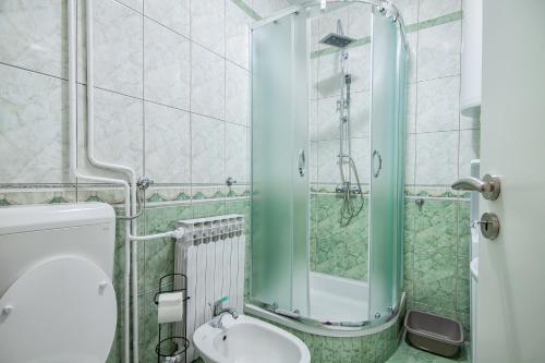 y baño con ducha, aseo y lavamanos. en Apartman Plitvice Happy Home en Lagos de Plitvice