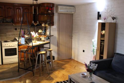 een woonkamer met een keuken met een aanrecht en een tafel bij Apartman AS in Belgrado