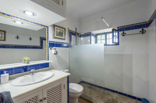 ein Badezimmer mit Waschbecken, Toilette und Spiegel in der Unterkunft Cortijo Pavia in Écija