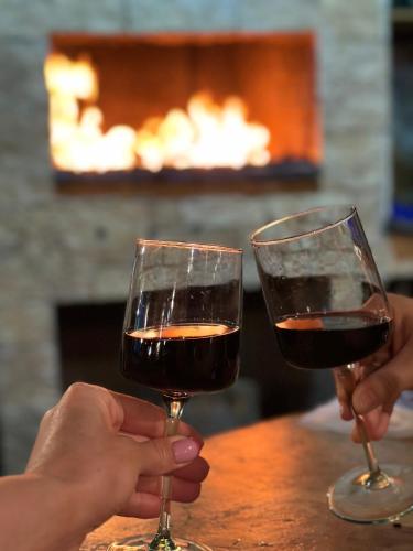 two people holding up glasses of wine in front of a fireplace at Bala's House in Mestia