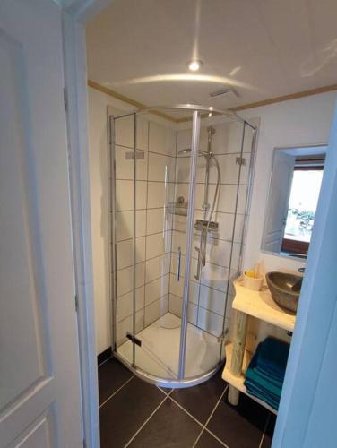 La salle de bains est pourvue d'une cabine de douche en verre. dans l'établissement Appartement 2 pièces, à Montmin