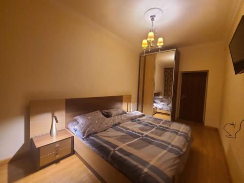 ein Schlafzimmer mit einem Bett und einem großen Spiegel in der Unterkunft Best Apartment In The City Center in Yerevan