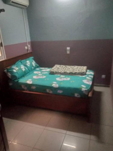 Cama pequeña en habitación con sábana verde en Grace and favour guest house en Duala