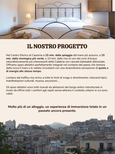 a flyer for a hotel with a bed and a city at Il Paese Alberga! in Caulonia